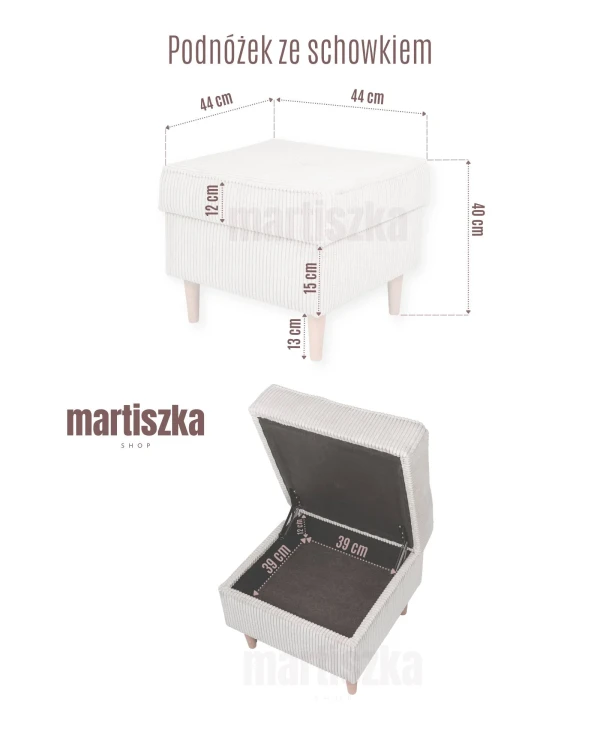 Wymiary zewnętrzne i wewnętrzne otwieranego podnóżka ze schowkiem