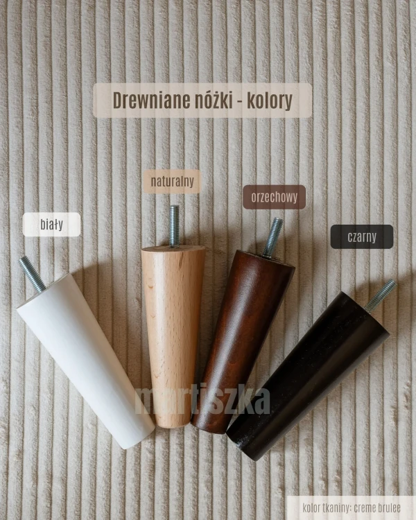 Kolory drewnianych nóżek do sztruksowego popielatego podnóżka do fotela